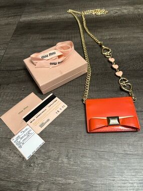 Miu Miu Red Patent Leather Bow Crossbody Card Case with Gold Chain
